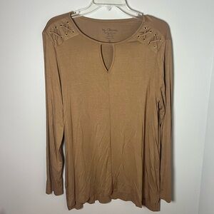 Chico’s Keyhole Lace Up Long Sleeve Western Boho Indie Brown Top Size 2/L